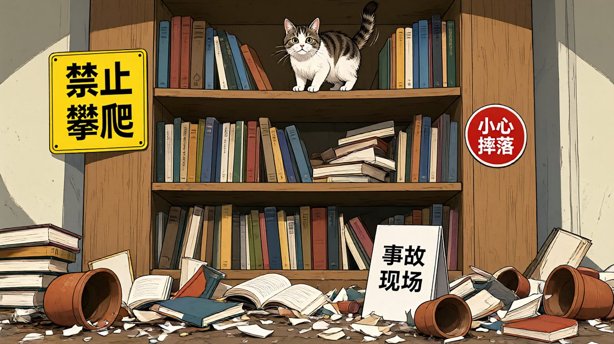 猫：不是我干的，是书先动的手！