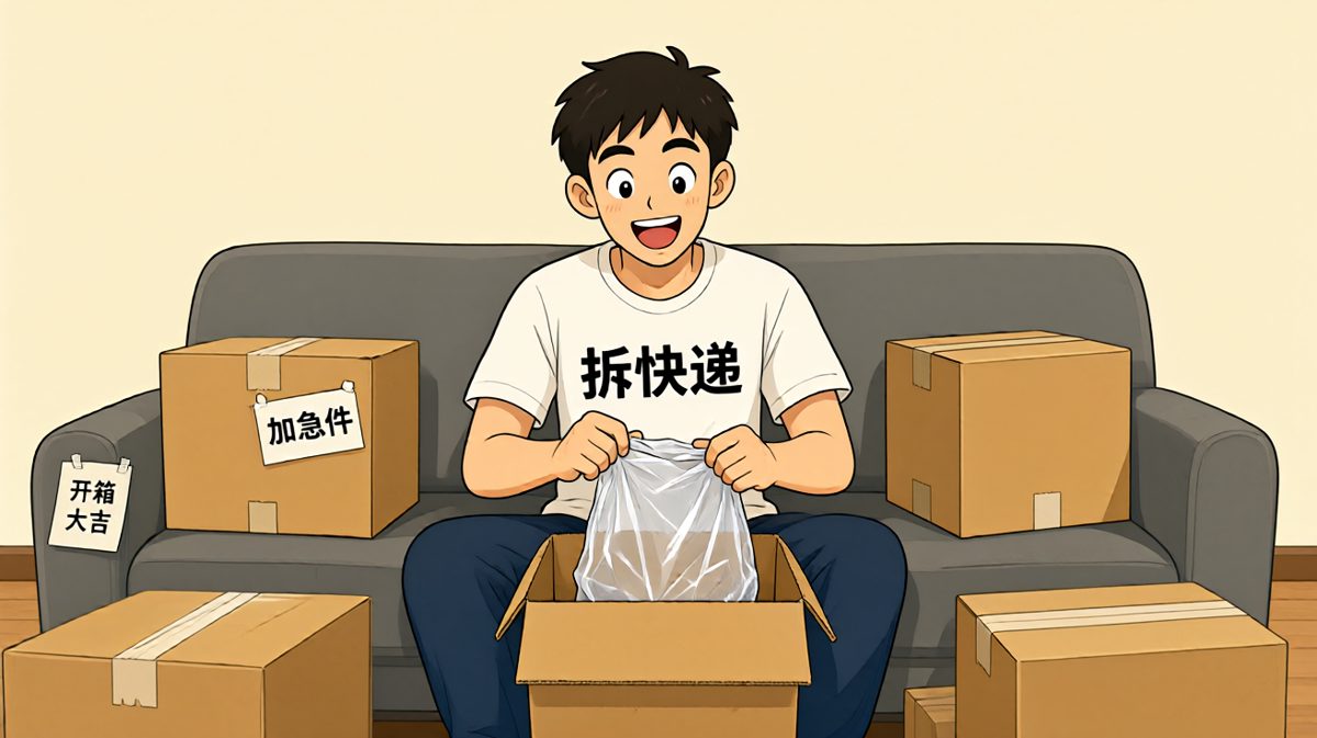 第一格：小明收到一堆快递，兴奋地拆起来