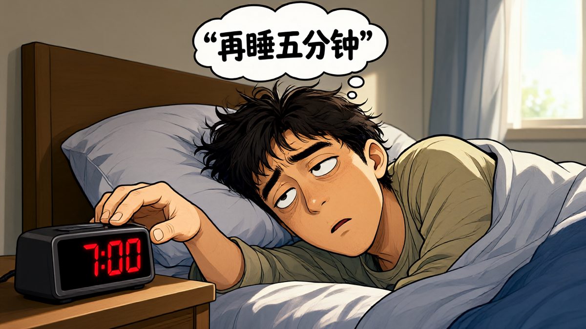 阿强自信满满地关掉第一个闹钟，心想还能再睡一会儿。
