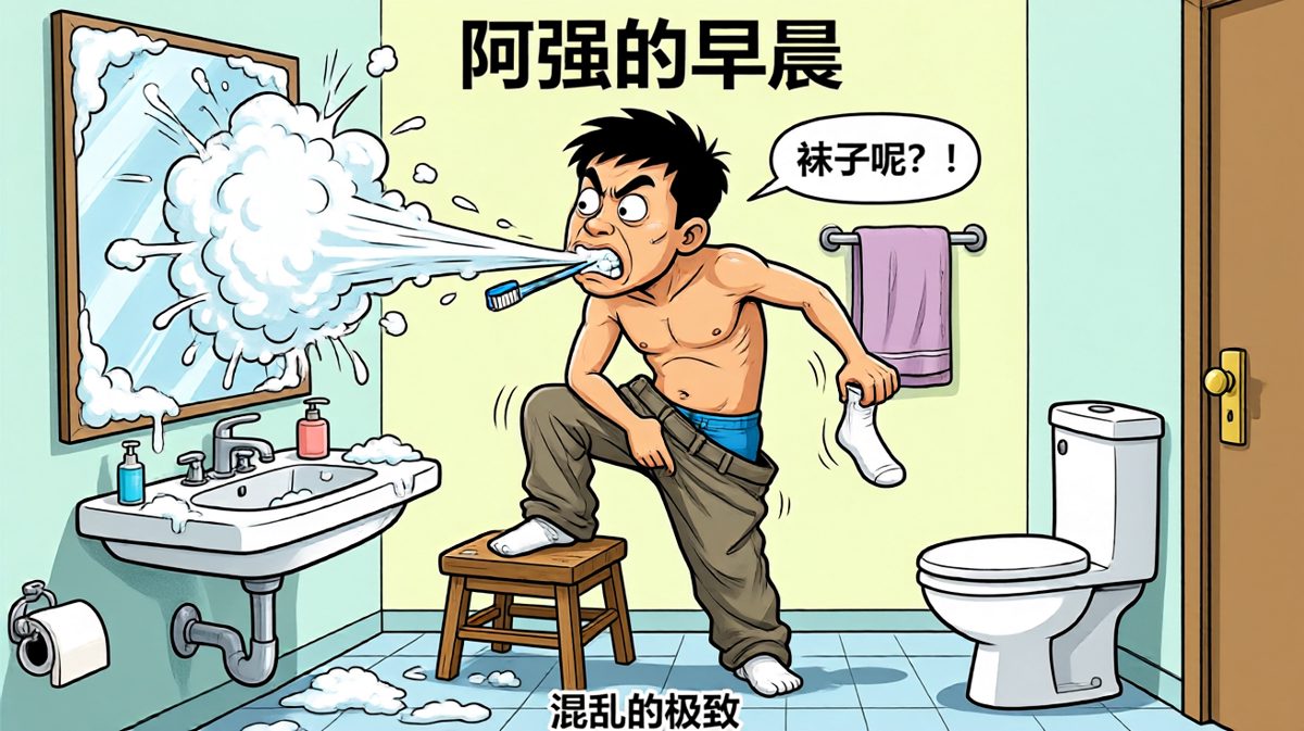 阿强开始了人类历史上最疯狂的洗漱与换装同步操作。