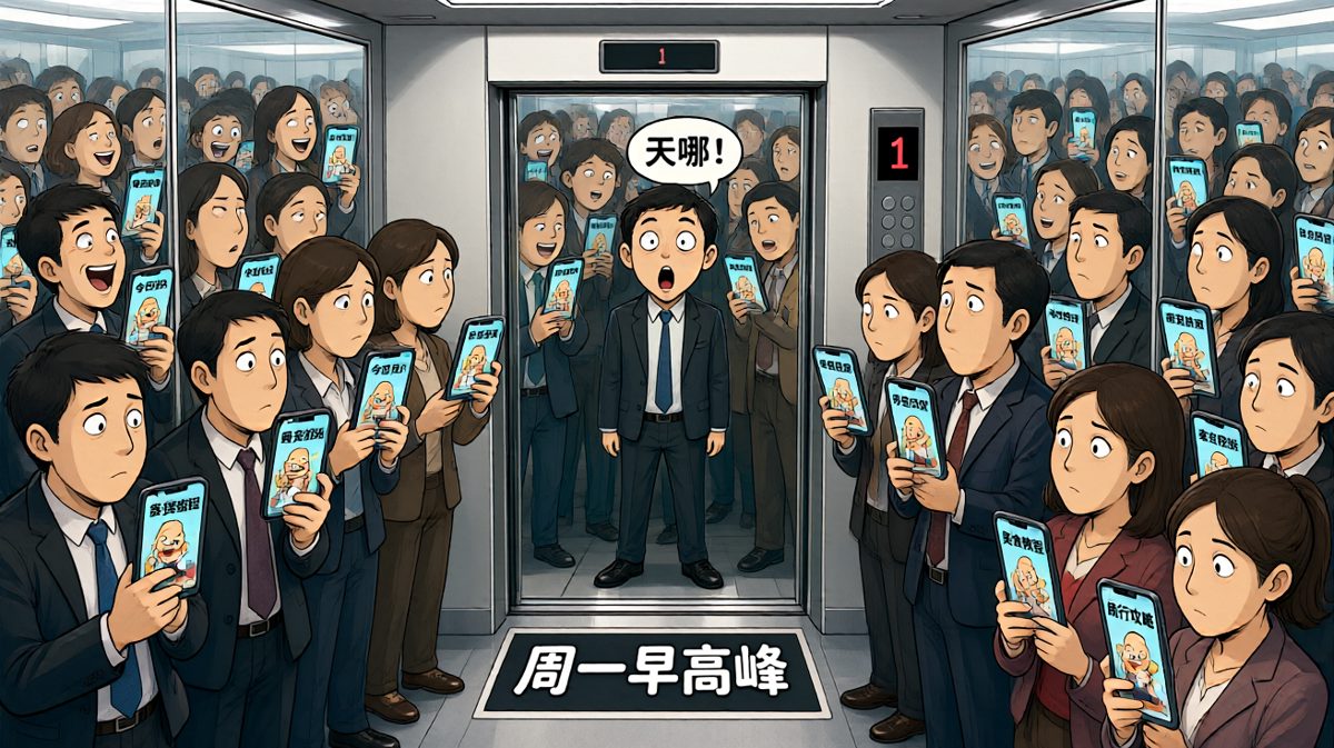 周一早高峰电梯：每个人都在假装快乐