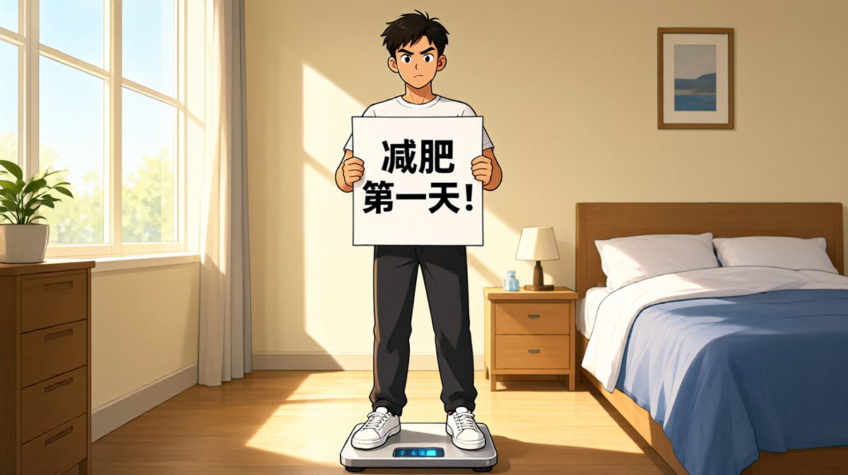 主角雄心勃勃地宣布减肥开始，决心满满。