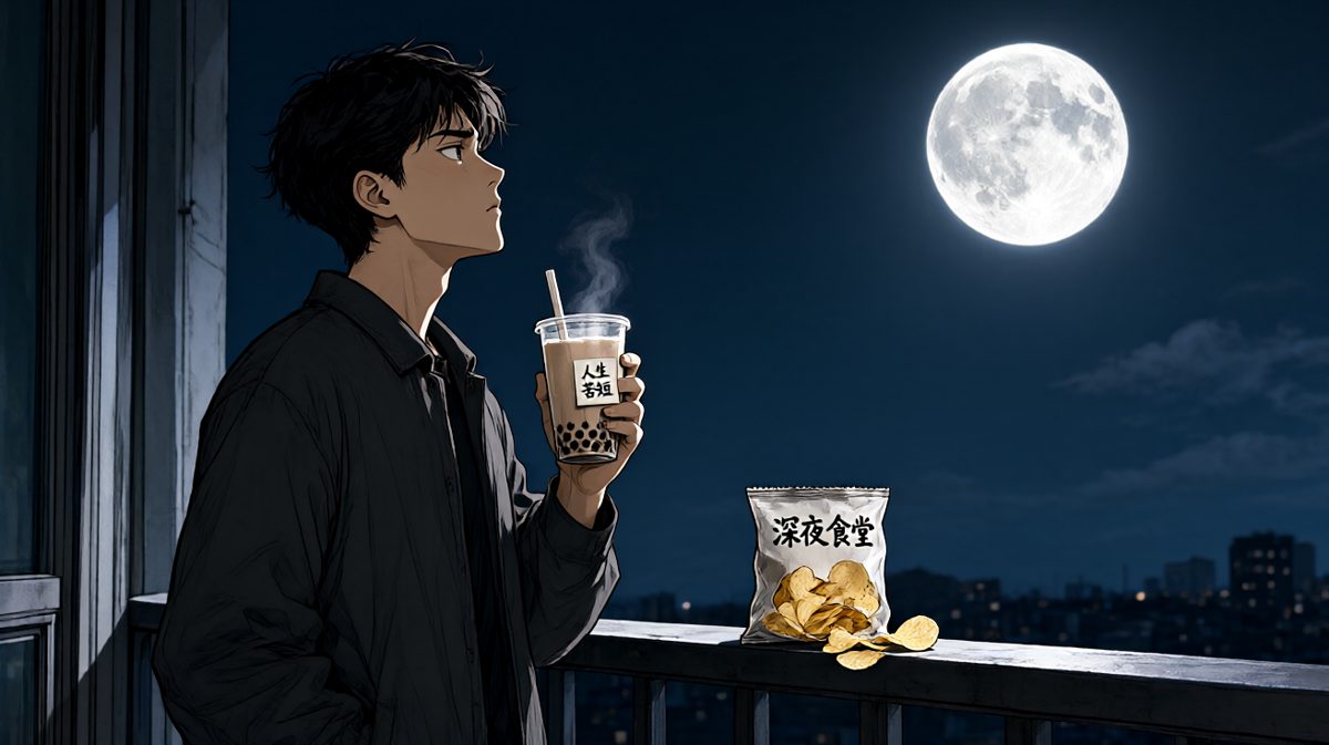 主角在深夜进行哲学反思，但手里仍不忘美食。