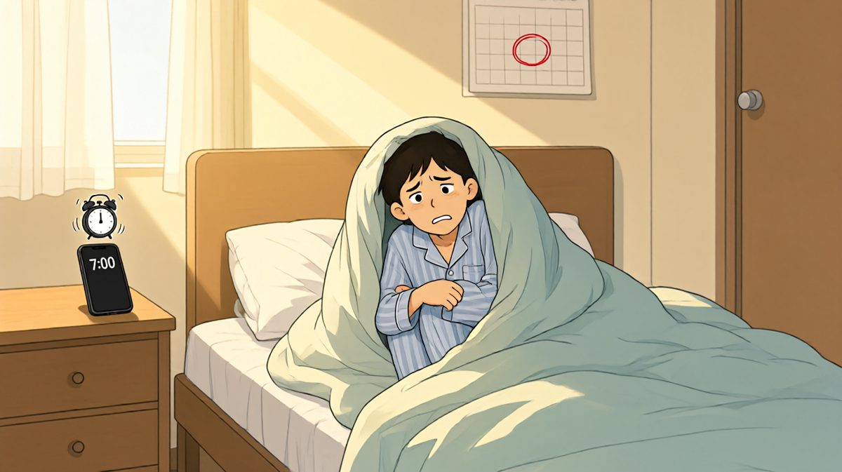 闹钟大作，打工人在被窝里痛苦挣扎。
