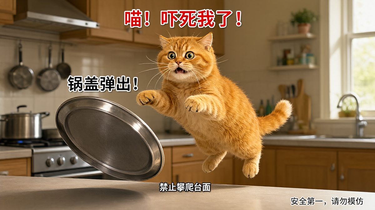 本想偷吃零食，结果被锅盖上演空中飞猫