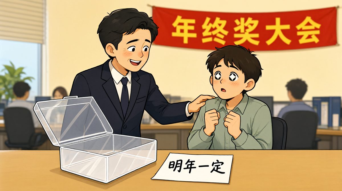 员工：老板今年年终奖……老板：你的努力我都看在眼里！员工：那钱呢？老板：明年一定。