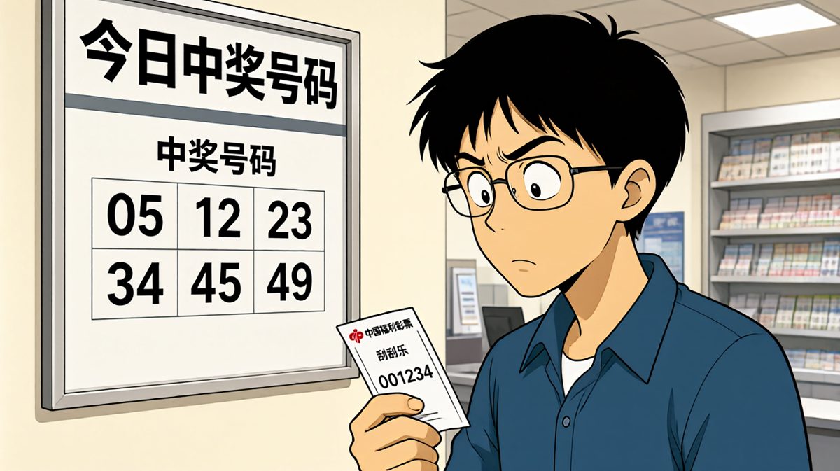 年轻人紧张查看彩票开奖结果
