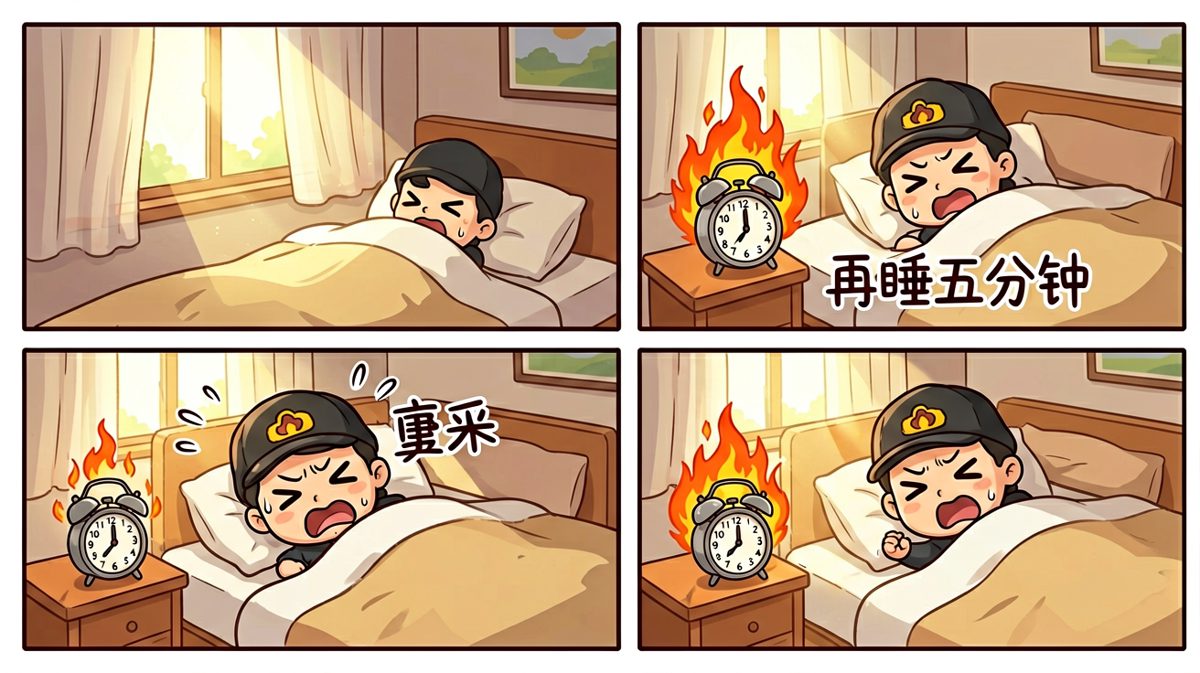 闹钟狂响，主人公痛苦挣扎不肯起床