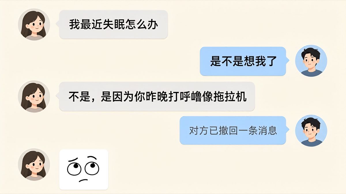 男生的晚安以被撤回告终，原来打呼噜才是罪魁祸首。