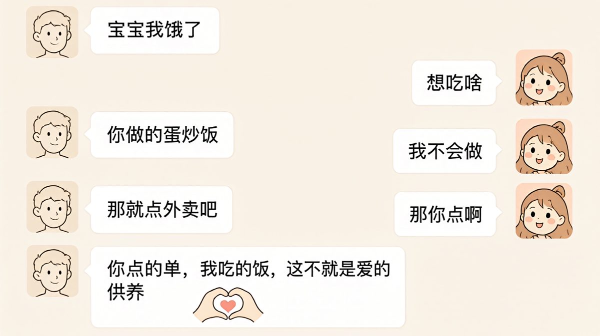 男生把锅甩得明明白白，还顺便升华成爱的供养。