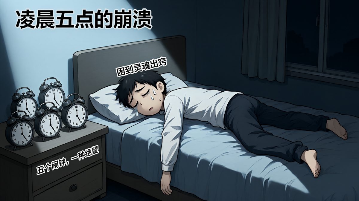 五个闹钟同时响起，主角已经放弃了抵抗。