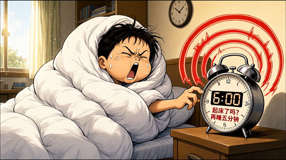 早上6:00，闹钟响了，身体和被子展开了激烈拉锯战。