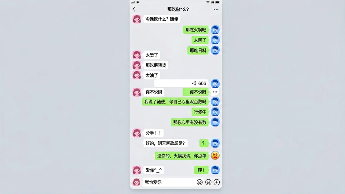 随便的反转：女生嘴上说随便，实则每样都不满意，最后被男生反将一军。