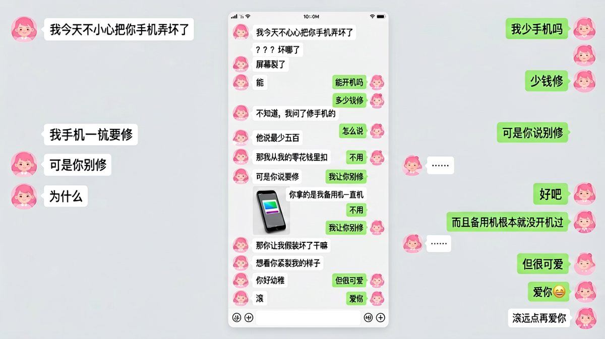 手机坏了的反转：备用机根本没开，男生只是想看他紧张的样子。