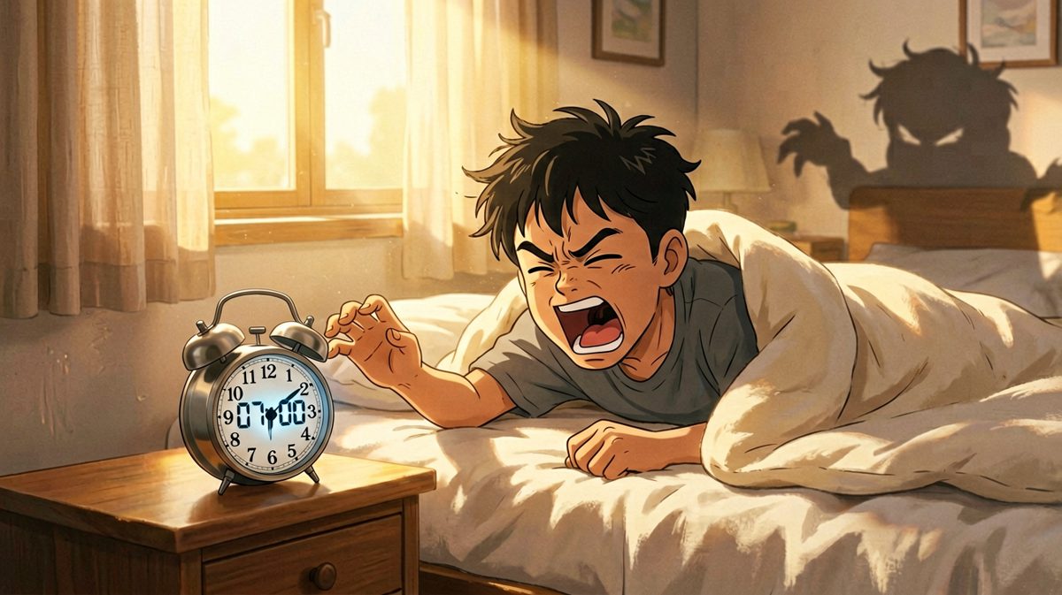 闹钟响了，主人公挣扎着去关闹钟。