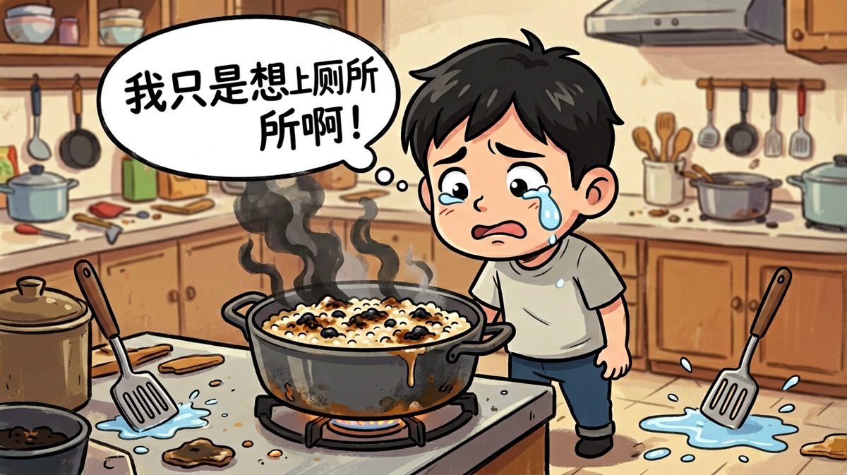 看着糊掉的粥，崩溃大喊：我只是想上厕所啊！