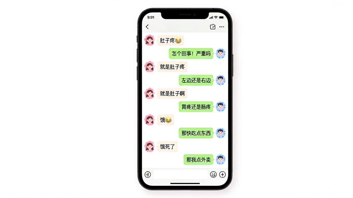 女生假装肚子疼试探男友，一路被问得紧张兮兮，最后真相居然是单纯饿了，男生彻底崩溃。