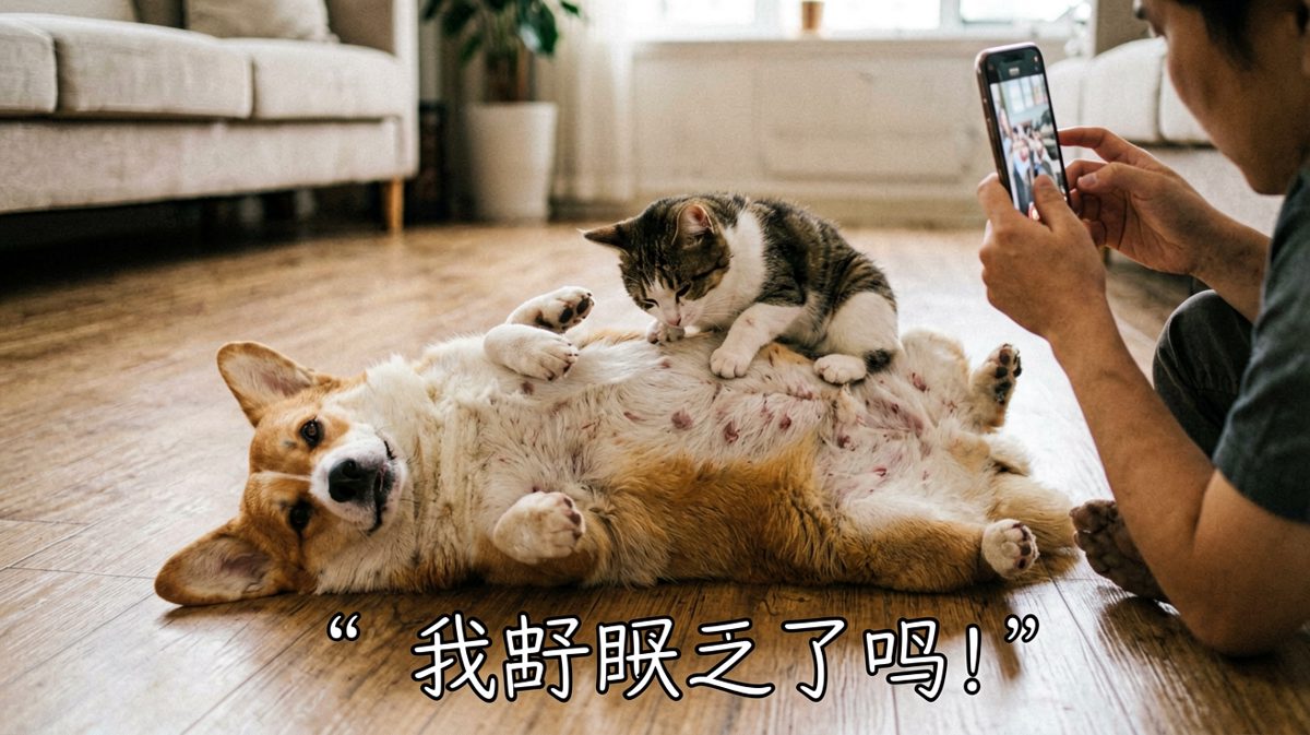 家庭地位一目了然：猫负责睡，狗负责当枕头