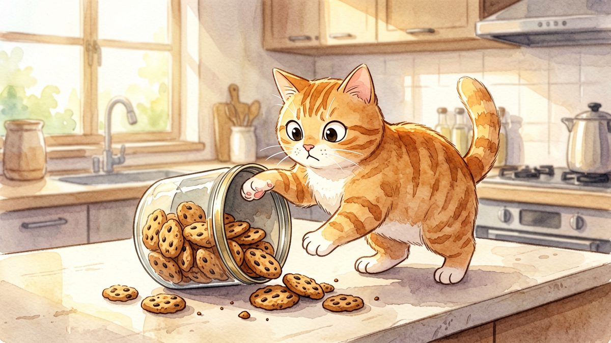 橘子猫以为自己神不知鬼不觉，殊不知饼干罐比它更怕摔。
