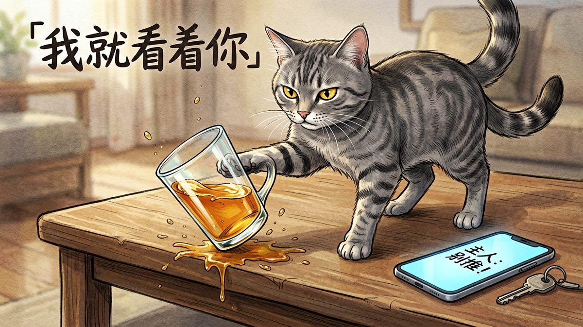 杯子：我做错了什么？猫：没有什么，只是想看看你会不会接住。