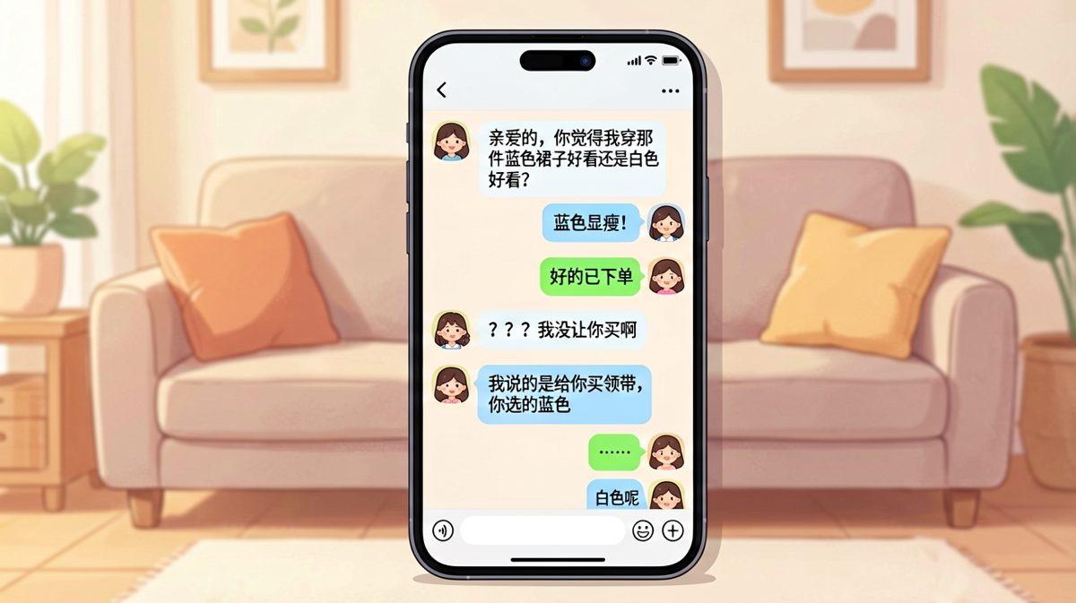 她问裙子颜色，他答得自信，结果买的是他领带