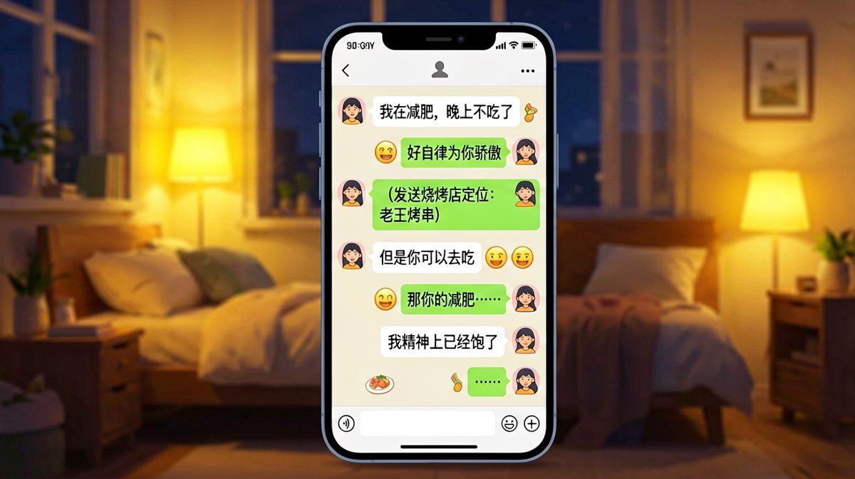 她说在减肥，却给他发了烧烤店定位