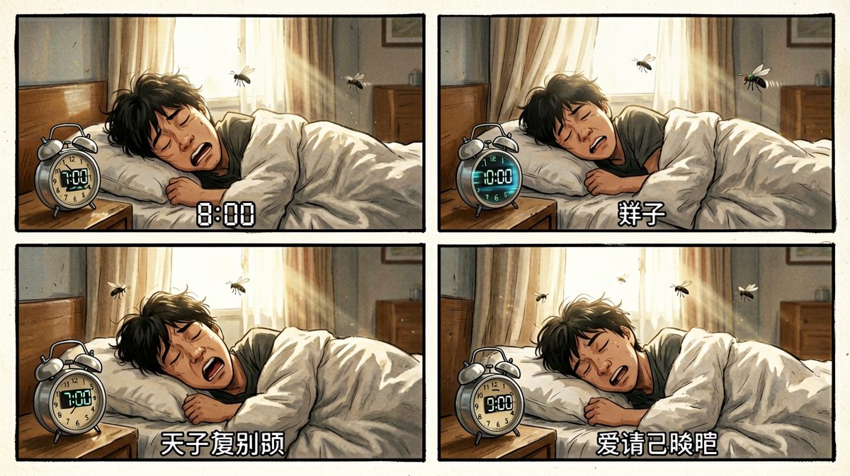 一觉睡过头，闹钟从早响到晚，完全没醒。