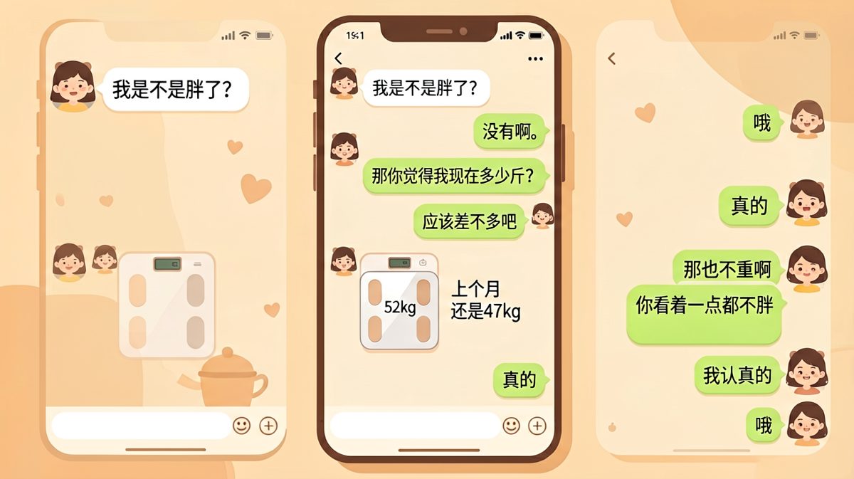 「上个月47，这个月52，他说我不胖」——但那个「哦」字让人心凉半截。