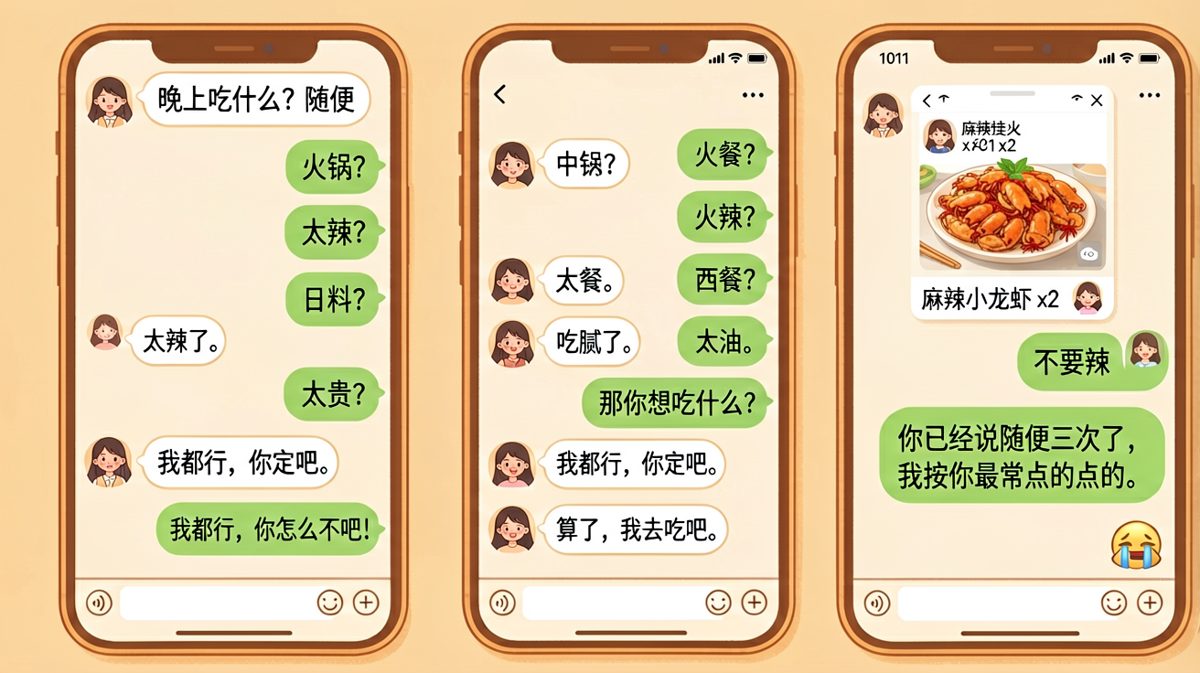 「随便」是情侣间最危险的词——你猜对了是运气，猜错了是命。