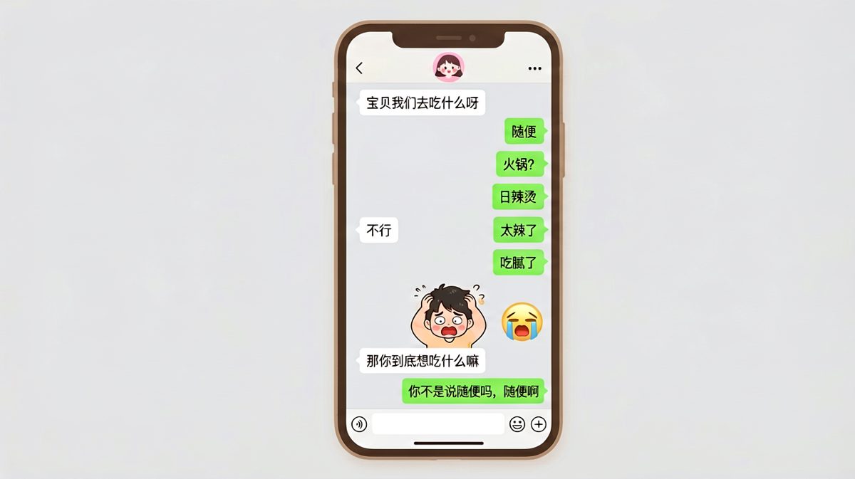 经典'随便'陷阱：男生猜遍全餐厅，女生一句'那就随便吧'让他崩溃。