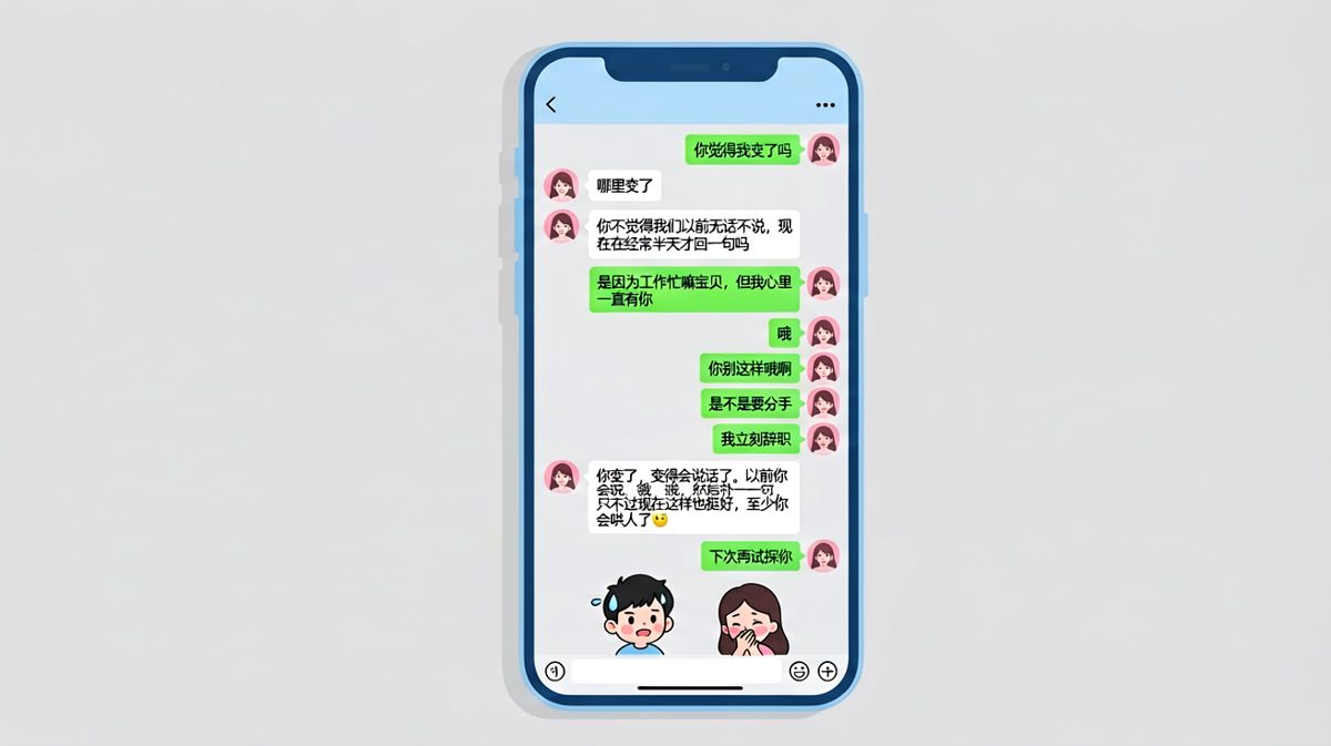 '你变了'之后是一场心脏过山车，最后发现只是女生的一次可爱试探。