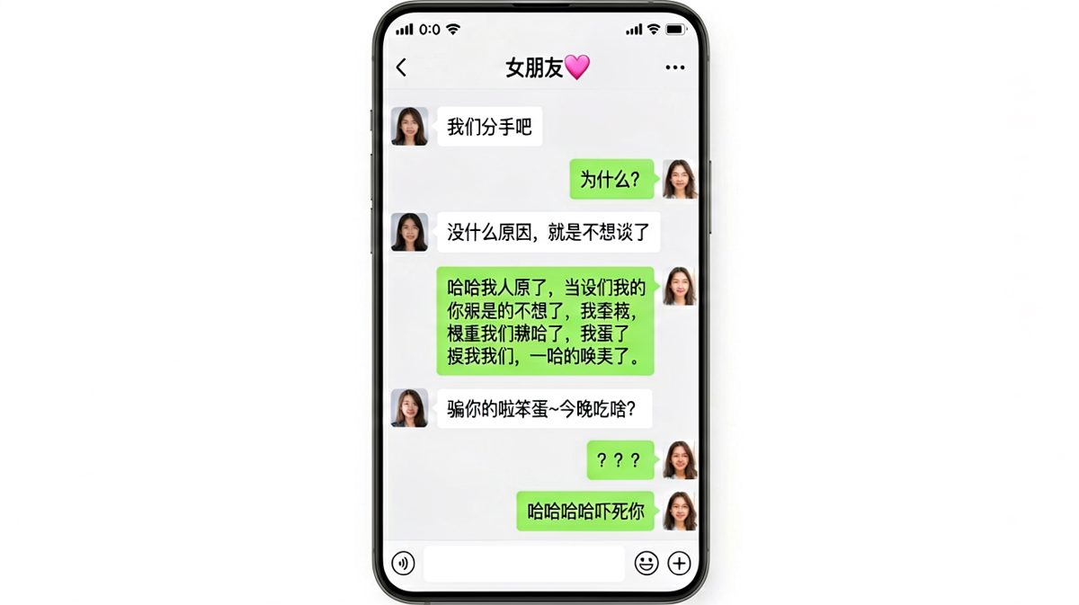 女友假装提分手，用户刚慌了对方秒切正常模式，反转笑点十足。