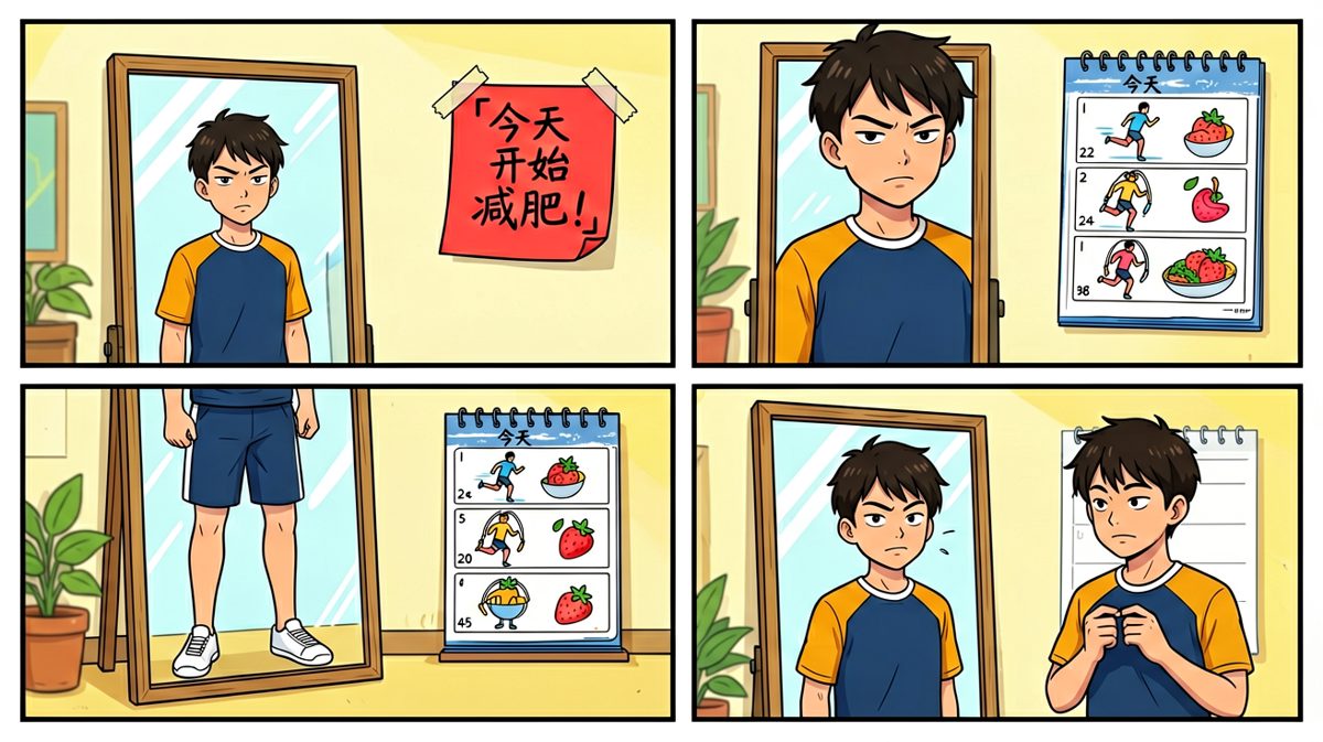 主角立下减肥誓言，斗志昂扬。
