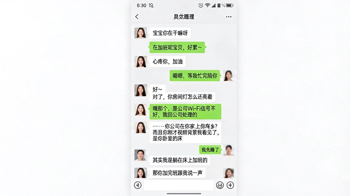 男生借口加班实则赖在床上，被女友一句话戳穿的社死瞬间。