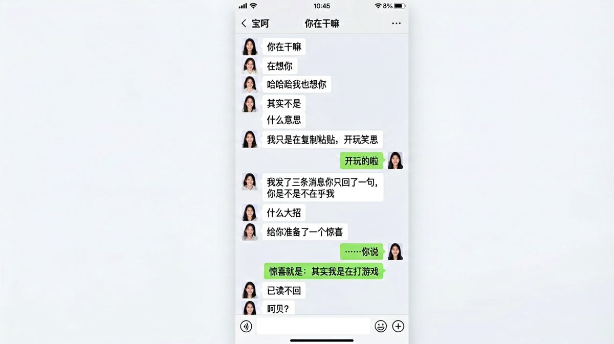 男生用「在想你」开场却以「其实是在打游戏」收尾，把浪漫玩成恐怖片。