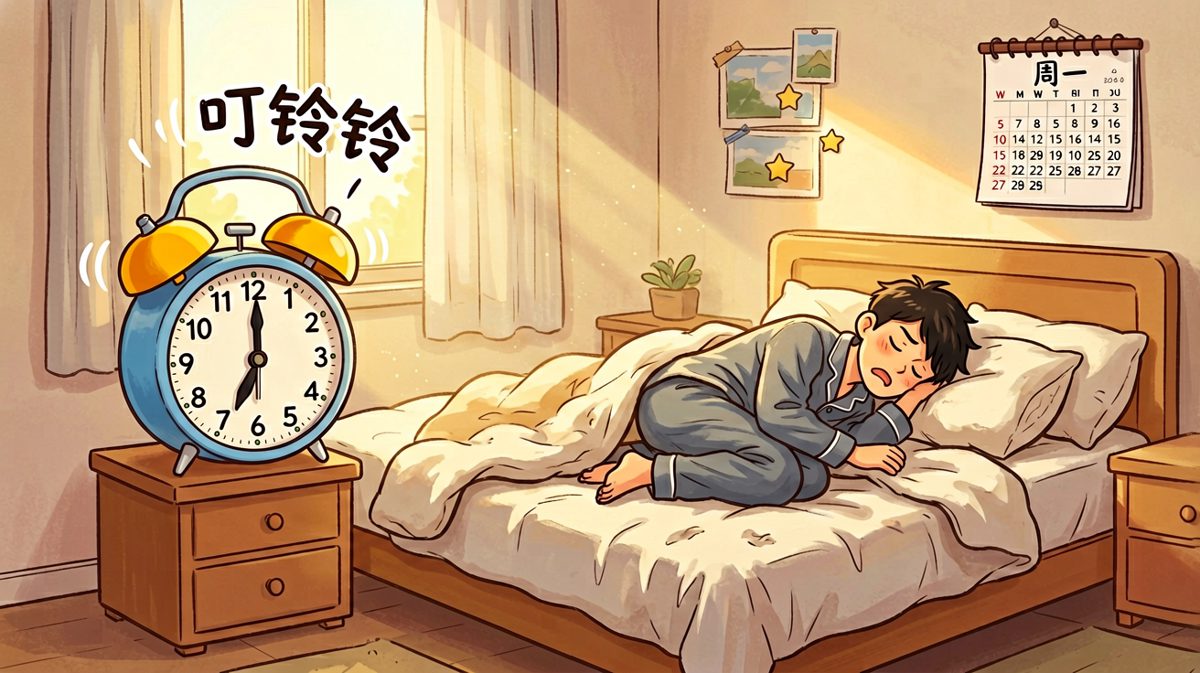 周一清晨，闹钟准时响起，主角还在熟睡。