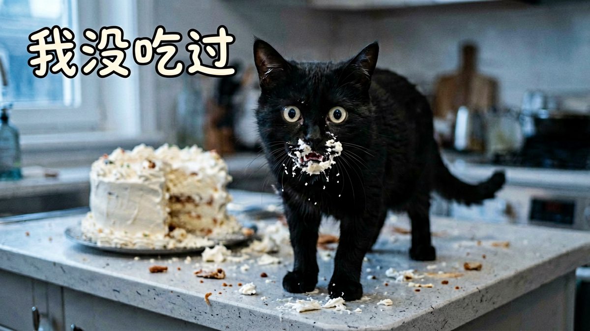 黑猫偷吃被抓包，无辜表情vs罪恶现场形成完美反差