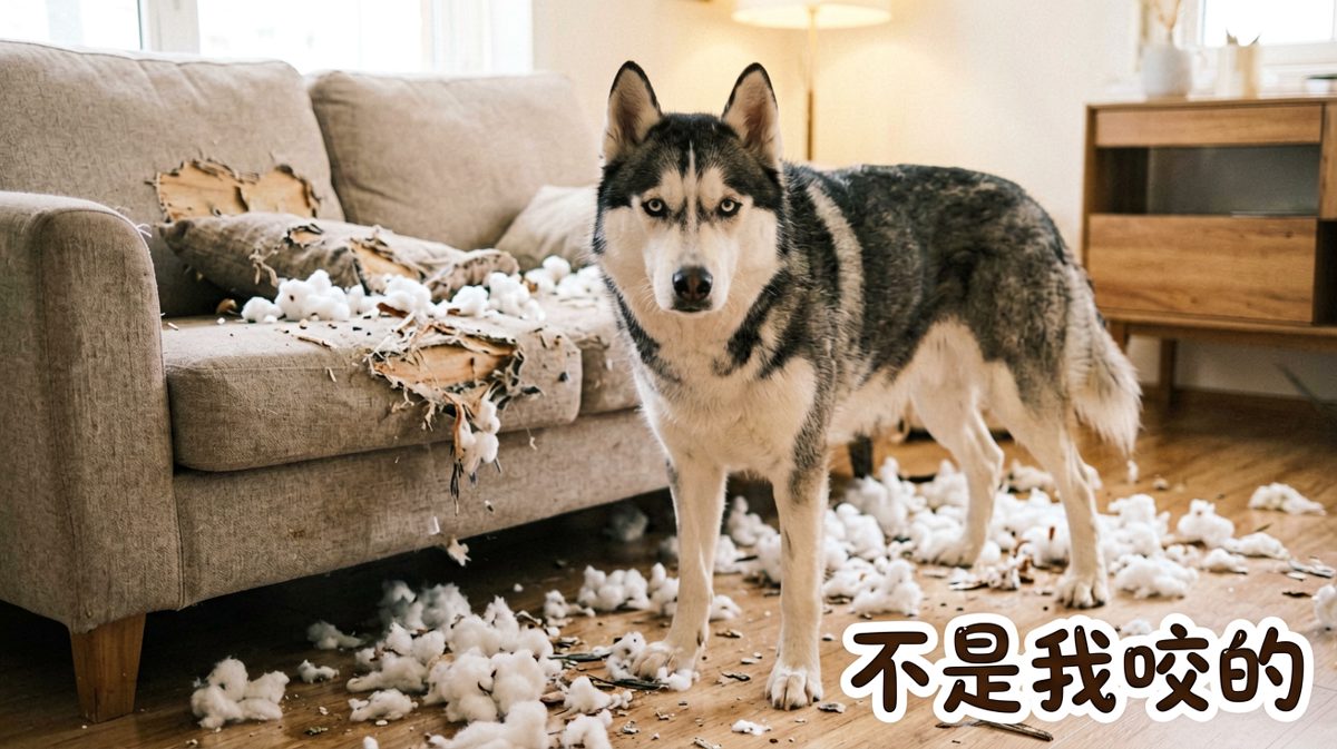 二哈拆家后装无辜，眼神躲闪vs惨烈现场让人忍俊不禁