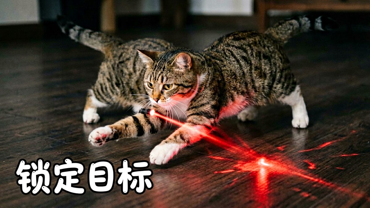 狸花猫追激光笔入迷，专注表情vs扭曲姿势形成完美笑点