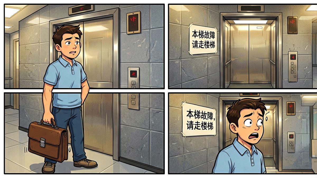 周一早高峰，电梯永远在最该维修的时候。