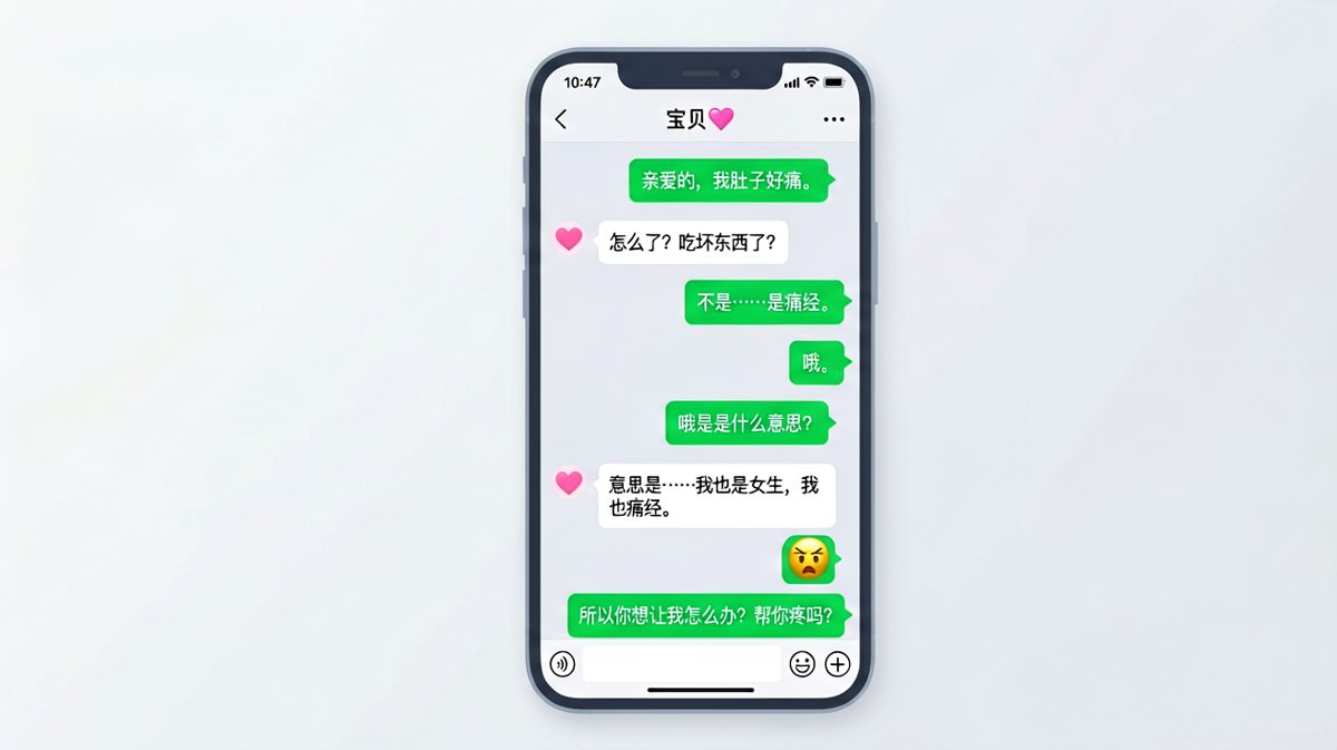 女生撒娇说痛经，男友一句「我也是女生」直接破防