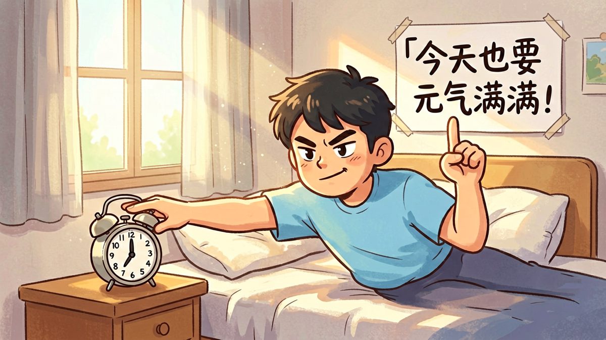 清晨六点，闹钟响起，他雄心壮志地伸臂按停，决心开始新的一天！