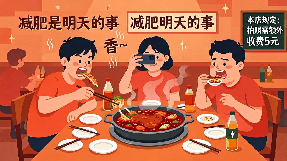 火锅局三件套：拍照、狂吃、然后发誓明天开始减肥。
