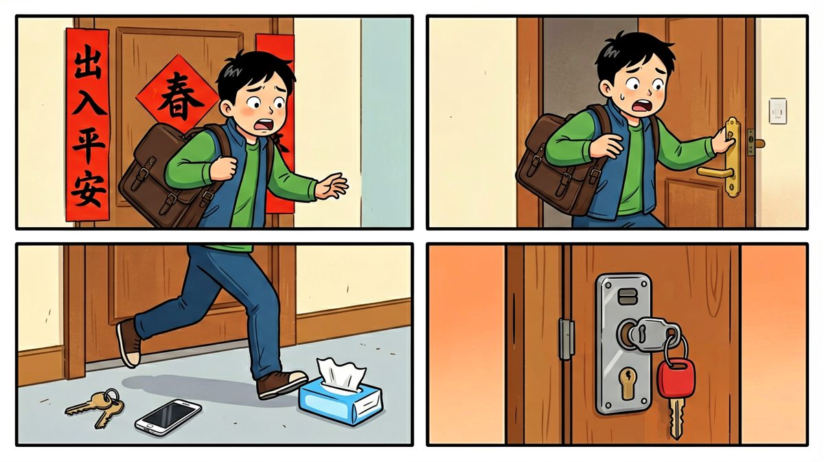 钥匙忘带了，人在门外钥匙在屋里