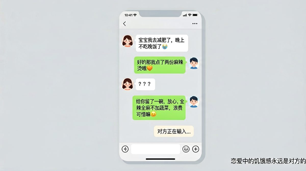 减肥宣言撞上男生点外卖，最后她一边减肥一边动筷子。