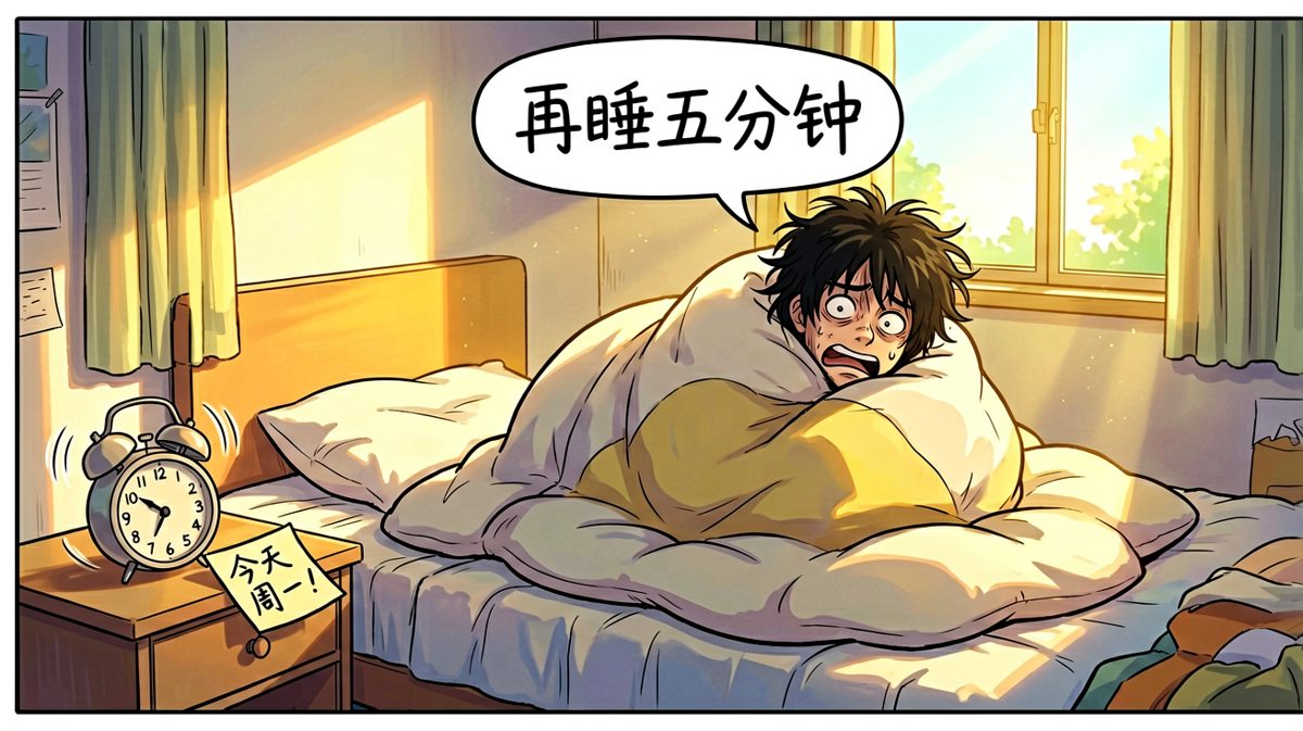 闹钟响起，主角选择用被子封印自己