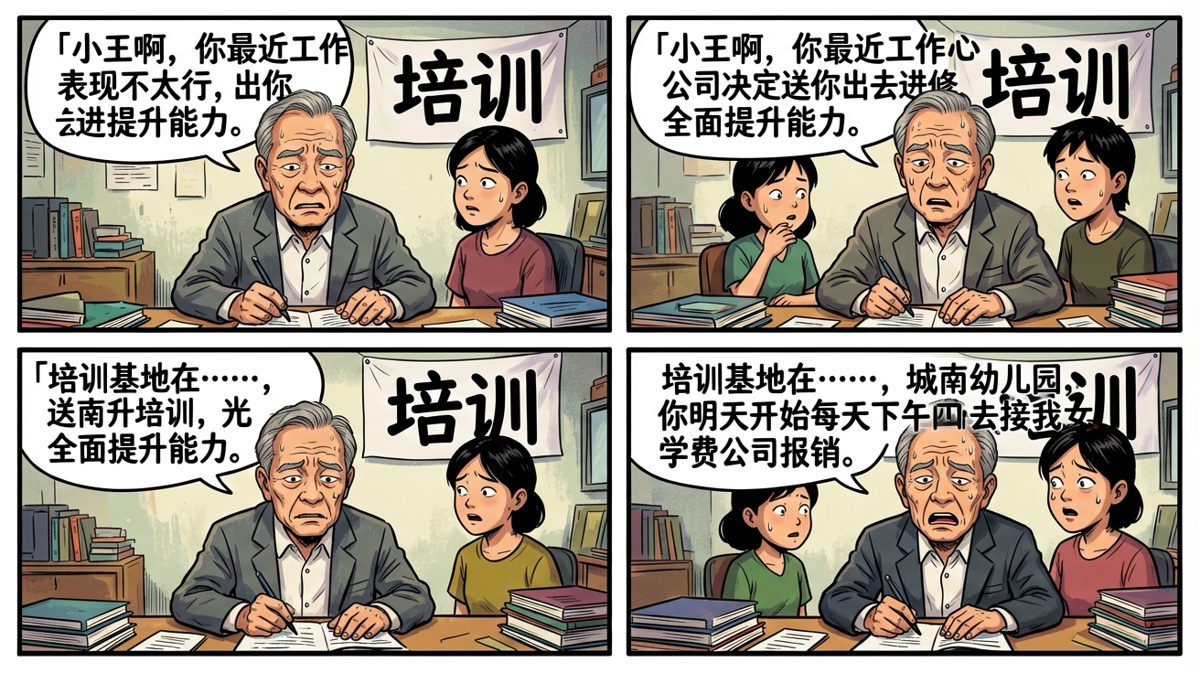 老板：送你进修培训！员工：谢谢老板！老板：幼儿园接我女儿
