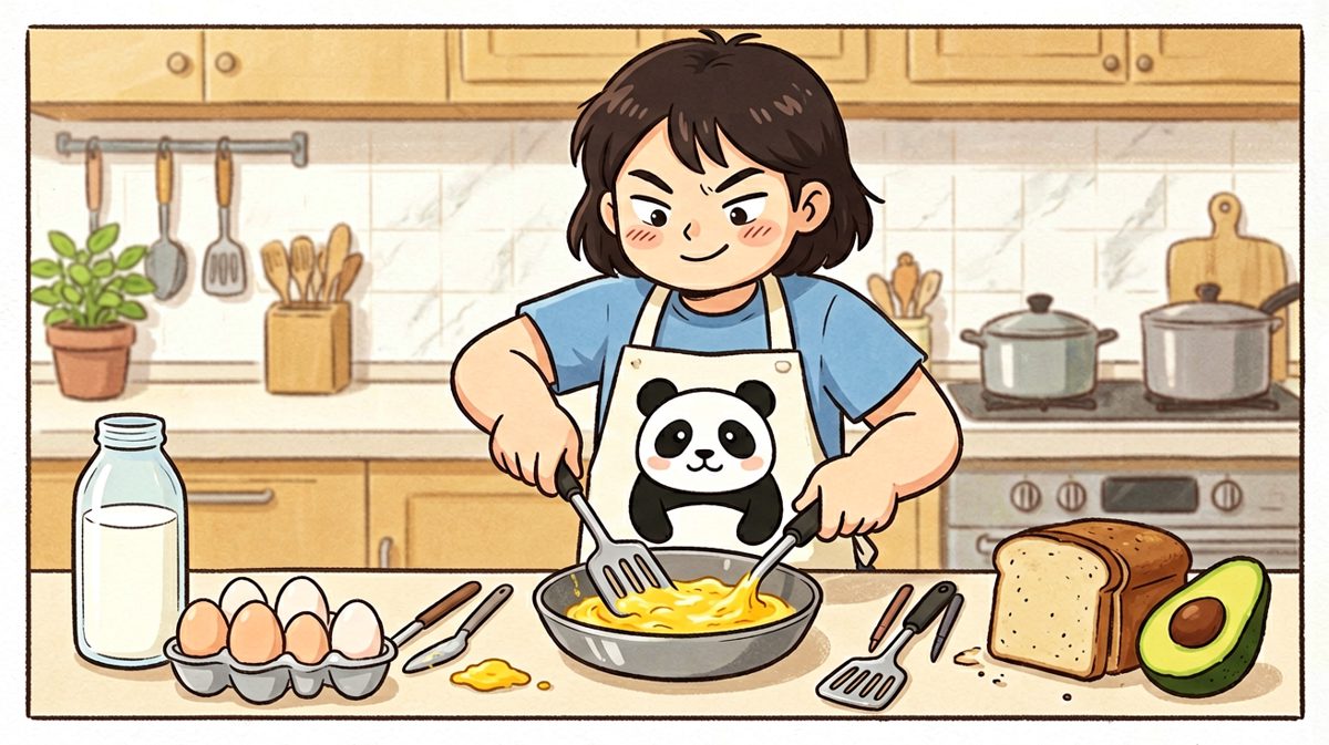 第二格，主人公全副武装，像米其林厨师一样认真准备食材