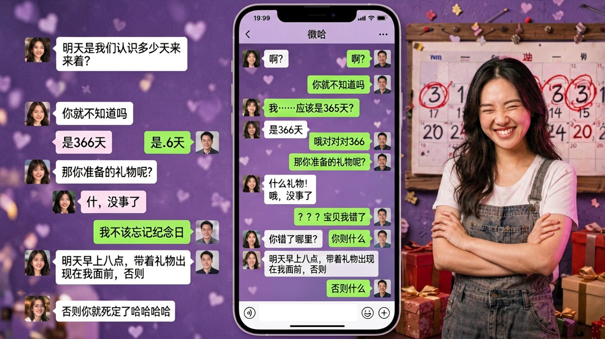 纪念日差点被遗忘，但最后的反转是女生其实在逗他玩。