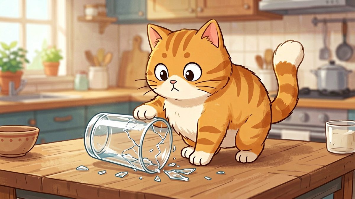 橘猫闯祸现场，表情写着：这跟我没关系。
